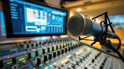Audio studio equipment, microphone, and computer screen
