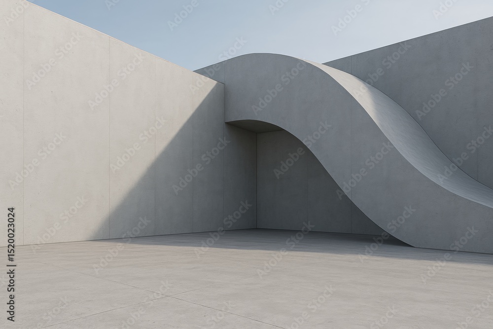 Aufkleber minimalist concrete building featuring a curved wall creating an empty space, bathed in natural ligh