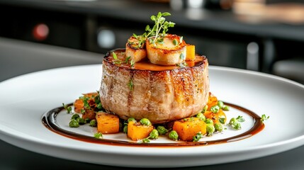 Foie gras Gourmet dish with vegetables presented artistically on a plate.