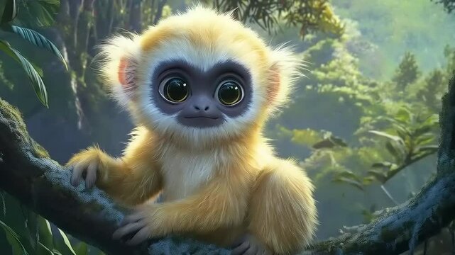 Golden snub nosed monkey sitting on branch in tropical forest illustration