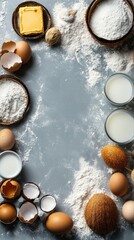 Baking ingredients arranged in a frame on a gray surface