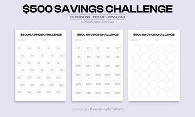 $500 Savings Challenge &ndash; Printable Budget Tracker Template | 3 Versions for Personal Finance and Money Goals