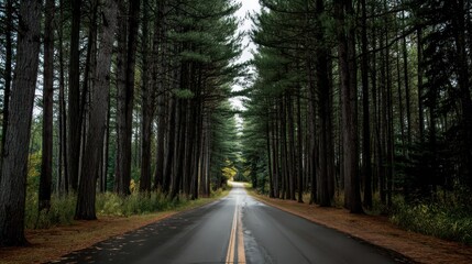 Obraz premium Road Disappearing into the Distance Among Tall Pines