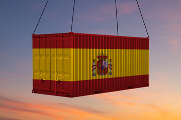 Cargo container with flag of Spain lifted by crane at freight terminal - 3D illustration