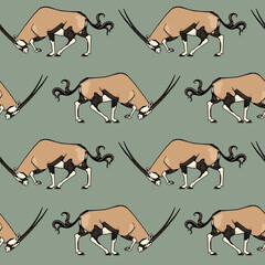 Vector seamless pattern with hand drawn antelopes with their heads down. Ink drawing, graphic style. Beautiful wild animal illustration, perfect for prints and patterns