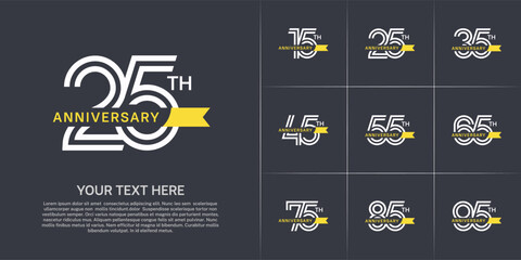 Anniversary logo type set with double line number. white color with small yellow ribbon for celebration event