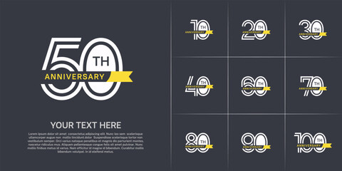 Anniversary logo type set with double line number. white color with small yellow ribbon for celebration event
