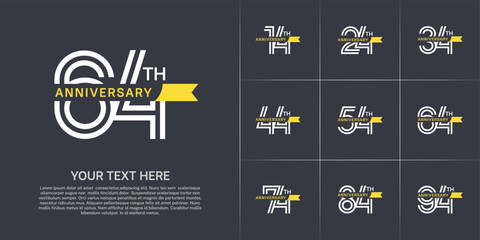 Anniversary logo type set with double line number. white color with small yellow ribbon for celebration event