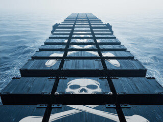 Large freight cargo vessel with many dark shipping containers, pirate skull and crossbones sign painted on top, view form above. Illegal goods transport concept. Generative AI