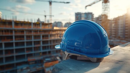 Blue hardhat on construction site