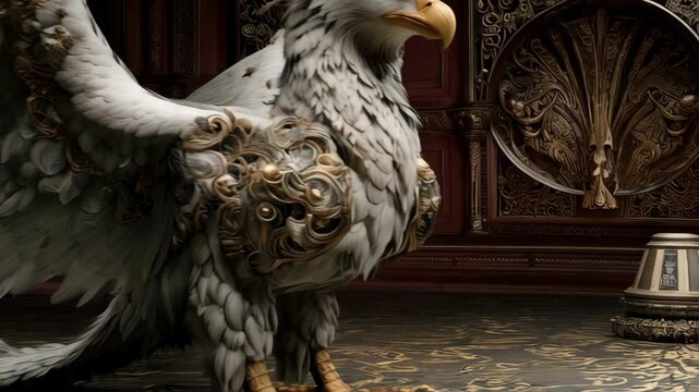 Ornate mythical griffin with detailed gold accents and majestic wings in an indoor environment