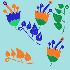 Cartoon colored branch, flower . Hand drawn..