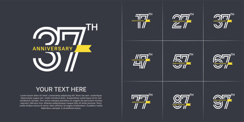 Anniversary logo type set with double line number. white color with small yellow ribbon for celebration event
