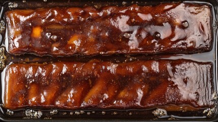 Cross-sectional view of glazed duck in a roasting tray with bubbling juices and oil