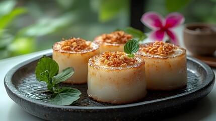 Creamy Thai custard dessert topped with crispy shallots