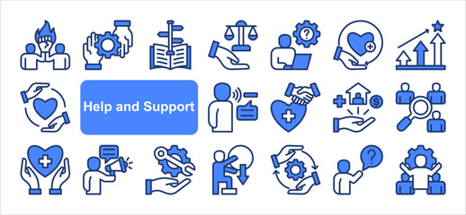 Help and support icon collection set. Containing assistance, service, aid, desk, guidance, relief, backing icon. Simple line vector.