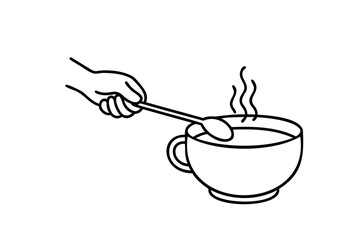 Hand stirring hot beverage in a mug lineart illustration