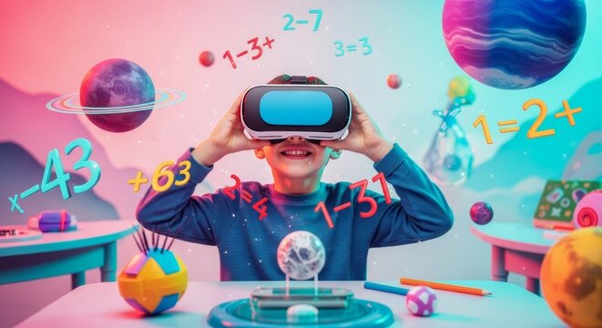 Child wearing VR glasses exploring virtual classroom with planets and math equations - Powered by Adobe