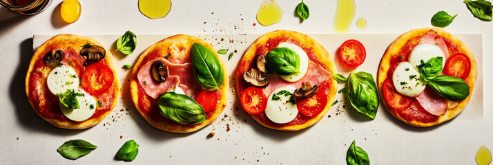 These breakfast boards showcase toasted bread topped with fresh tomatoes, ham, mozzarella, and basil elegantly arranged on a wooden serving platter during a morning meal, banner