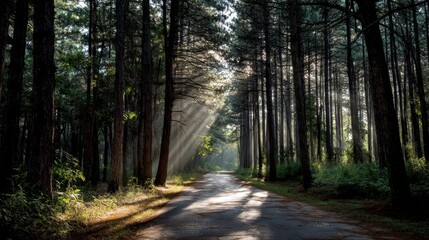 Obraz premium Sunbeams Filtering Through Pine Trees on a Forest Path