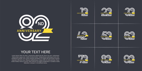 Anniversary logo type set with double line number. white color with small yellow ribbon for celebration event