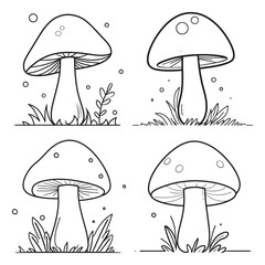 Mushroom Line Art Vector, Black and White Mushroom Illustrations.