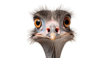 Close up of an emu's face with large eyes and a beak on a transparent background looking directly at the viewer