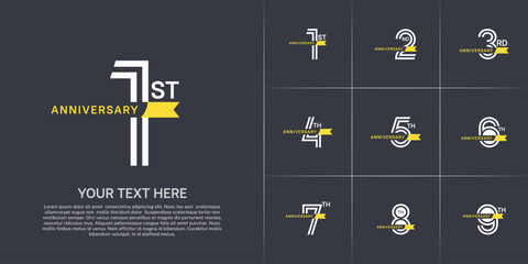 Anniversary logo type set with double line number. white color with small yellow ribbon for celebration event