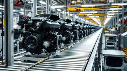 Car engine production on the factory conveyor line