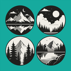 Four circular vector illustrations of mountain landscapes featuring pine trees and nature scenes