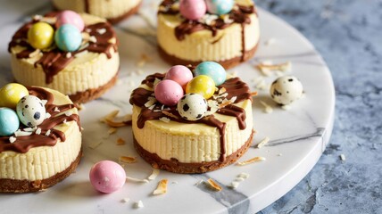 Homemade egg mini cheesecakes laid out on a marble surface. The top of the cheesecake is decorated with colorful egg mini-cheesecakes and sprinkled with toasted coconut chips.