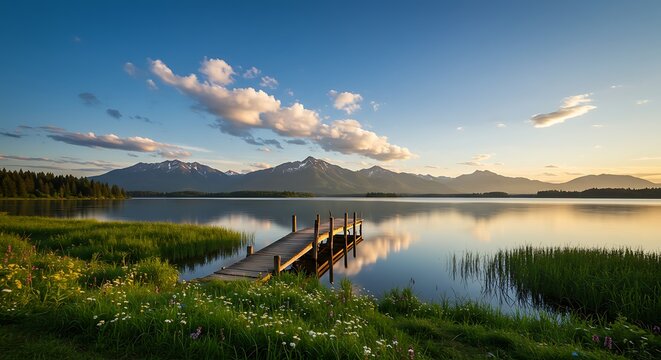 mountain lake with blue sky nature background world environment day - Powered by Adobe