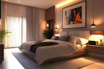 A cozy modern bedroom with neutral tones, modern art, and a comfortable bed