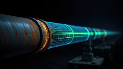 Conceptual view of a rusted pipeline enhanced with digital wireframe graphics, representing smart monitoring and leak detection systems.