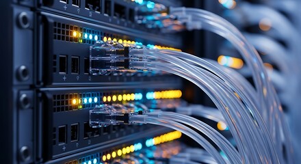 Data server racks with fiber optic cables and glowing status lights