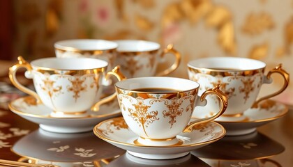 Fototapeta premium Elegant coffee cup set, porcelain, various sizes, gold trim, crockery, drinkware