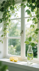 Sunny windowsill with lemons and greenery