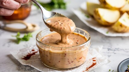 Homemade onion sauce. The sauce has a pale orange-pink hue with noticeable inclusions of smoked paprika, pepper and seasonings, which emphasizes the original spice mixture.