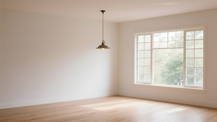 Empty room with light hardwood floor and large window