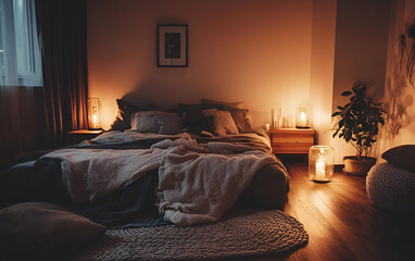A cozy modern bedroom with plush textiles, a warm wood floor, and dimmed lighting
