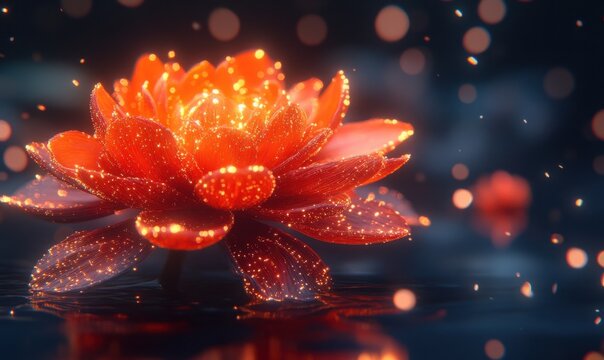 Glowing red lotus flower on dark water, mystical bokeh background, spiritual serenity, meditation