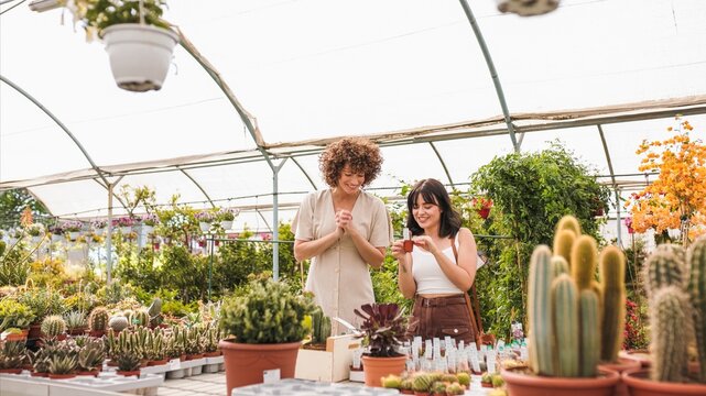 Two female customers choosing plants in greenhouse - Powered by Adobe