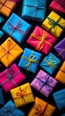 Colorful gift boxes arranged on a dark background