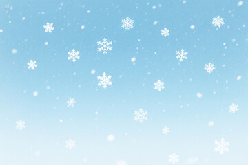 A digital artwork of a serene winter scene, featuring a light blue gradient background with a subtle texture. The image is filled with small white snowflakes, giving the impression of falling snow. Th