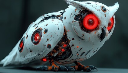 Futuristic mechanical owl with glowing red eyes