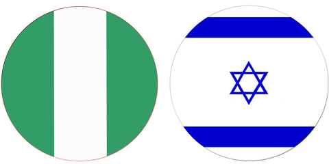 Nigeria Official flag with Israel national flag, both countries flags are in Round shape and isolated on white background
Circular colorful design Flag with together.
Israelis