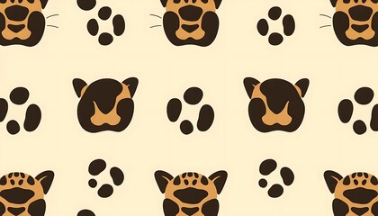 Obraz premium Cute animal pattern featuring jaguar heads and paw prints seamless design vector background art print 100