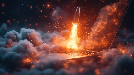 Rocket launching from a laptop, symbolizing innovation and technology