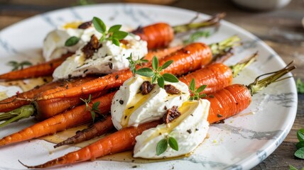 Baked carrots with beaten ricotta and hot honey are served on a white marble platter. Carrots are garnished with fresh parsley and thyme.