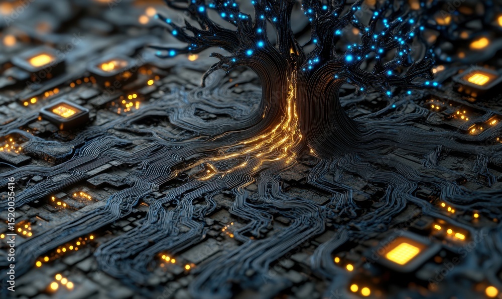 Poster glowing tree rooted in circuit board; digital nature; technology background; website header